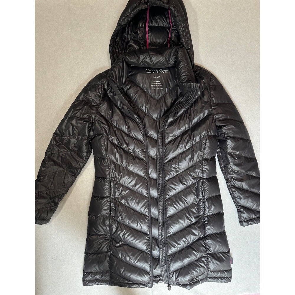 Calvin Klein Packable Premium Down Puffer Coat Hooded Jacket Black Womens Size S